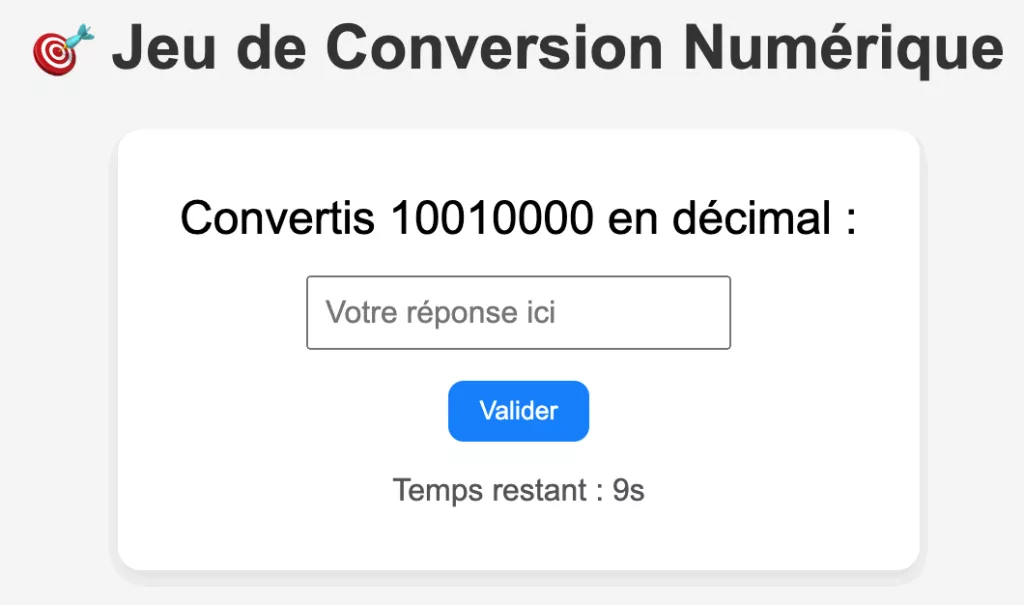 Jeu de Conversion numérique et Binaire