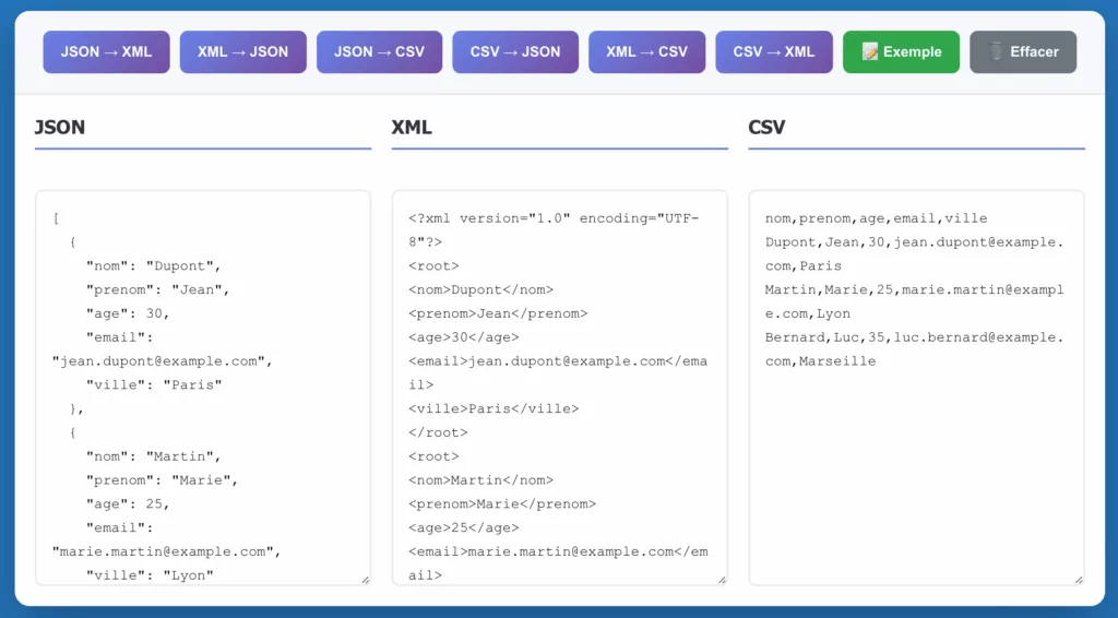 JSON Convertion CSV XML