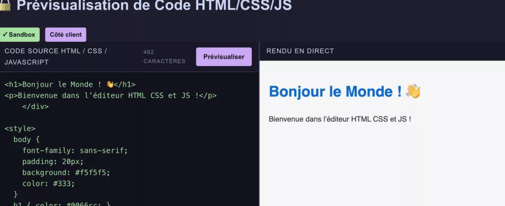 Prévisualisation éditeur html css js